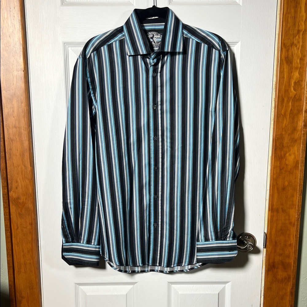 Bugatchi Dark Navy and Light Blue Vertical Stripe Button-Down Shirt